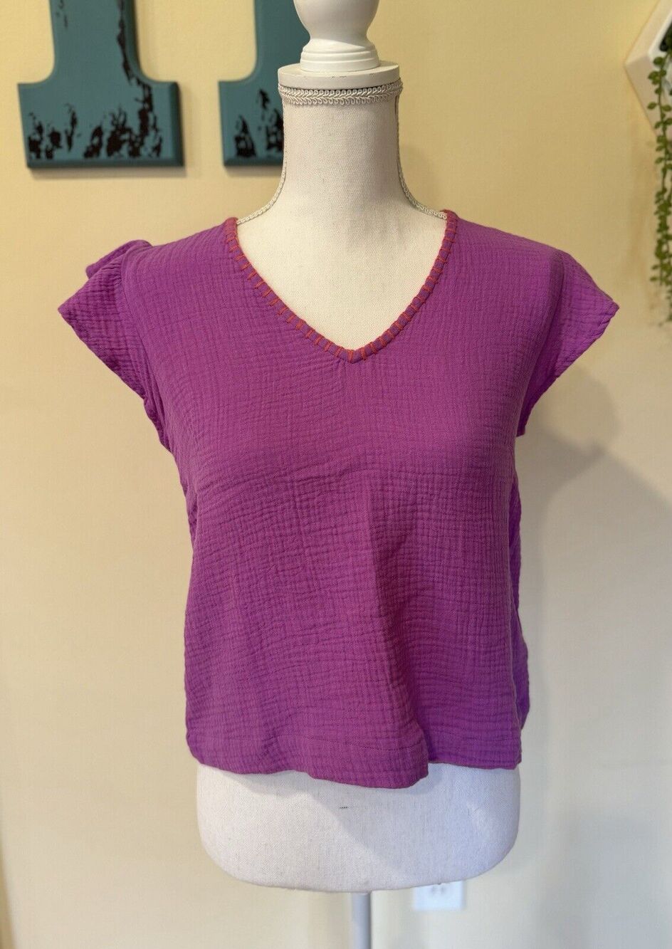 Lisa Todd Women's FLUTTERIN' V-Neck Cotton Gauze Top in Chachacha Size XS NWT